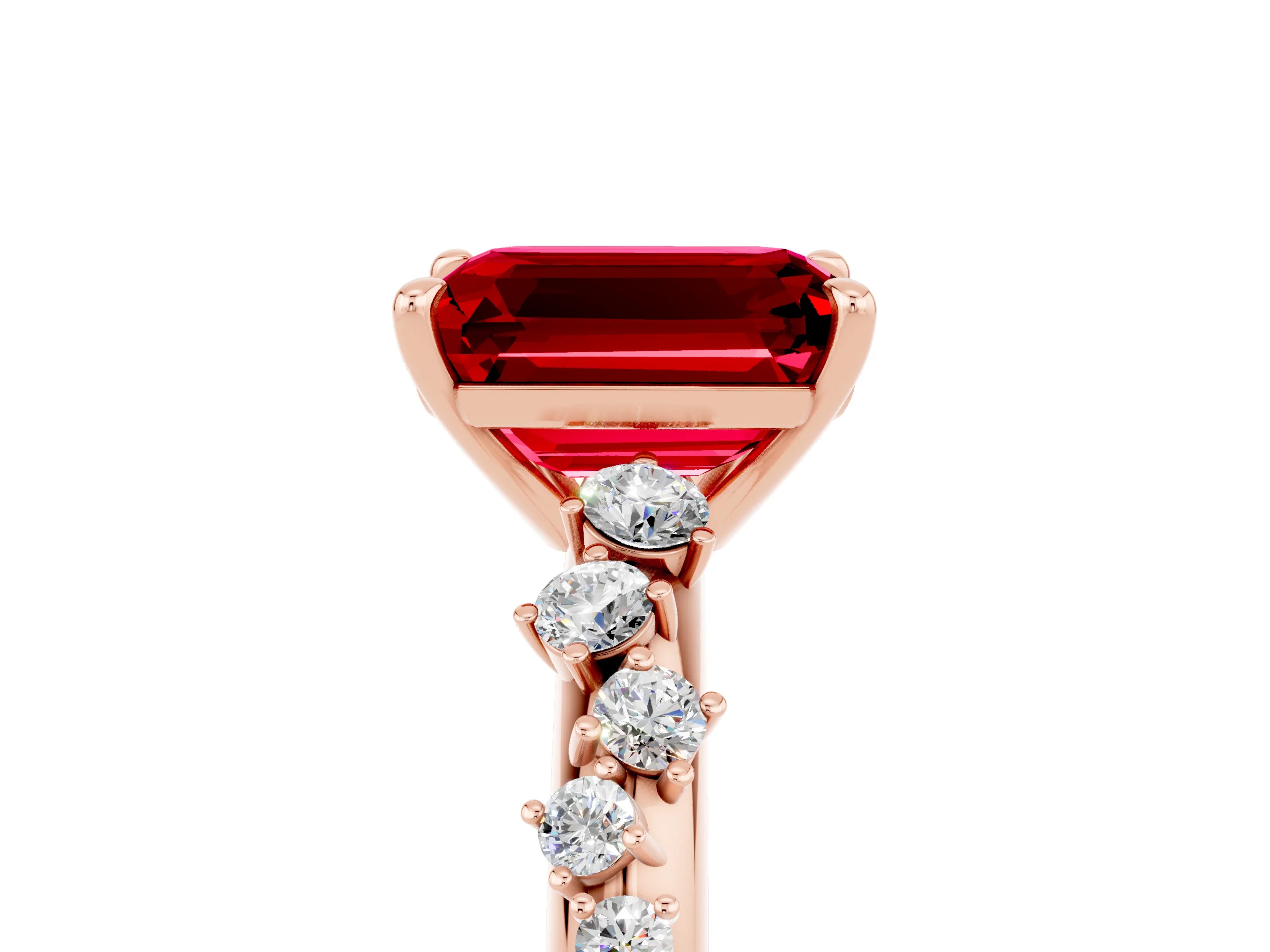 Rose gold Emerald Cut Ruby Cluster Side Stone Solitaire Ring with Prong Setting_29