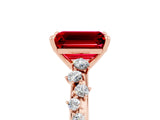 Rose gold Emerald Cut Ruby Cluster Side Stone Solitaire Ring with Prong Setting_29