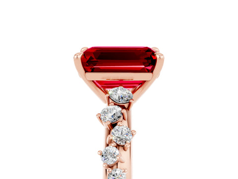 Rose gold Emerald Cut Ruby Cluster Side Stone Solitaire Ring with Prong Setting_29