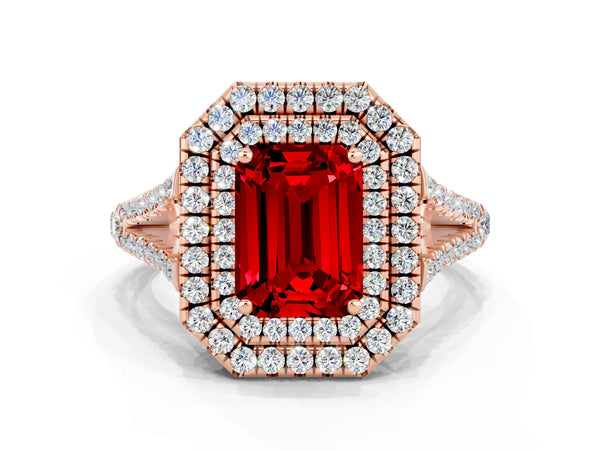 Rose gold Emerald Cut Ruby Double Halo Ring with Pavé Band and Prong Setting
