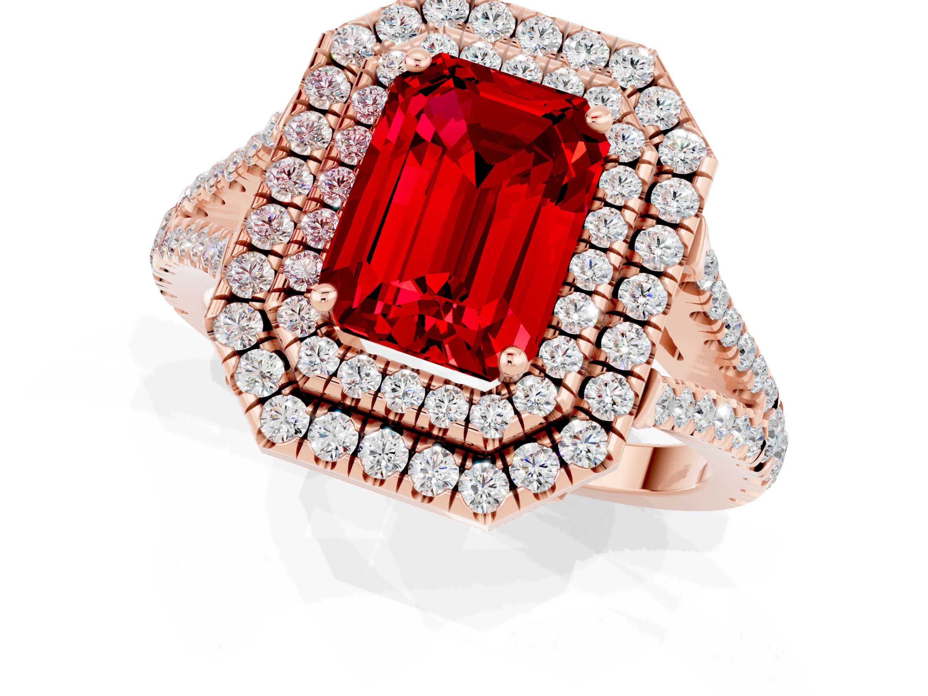 Rose gold Emerald Cut Ruby Double Halo Ring with Pavé Band and Prong Setting_13