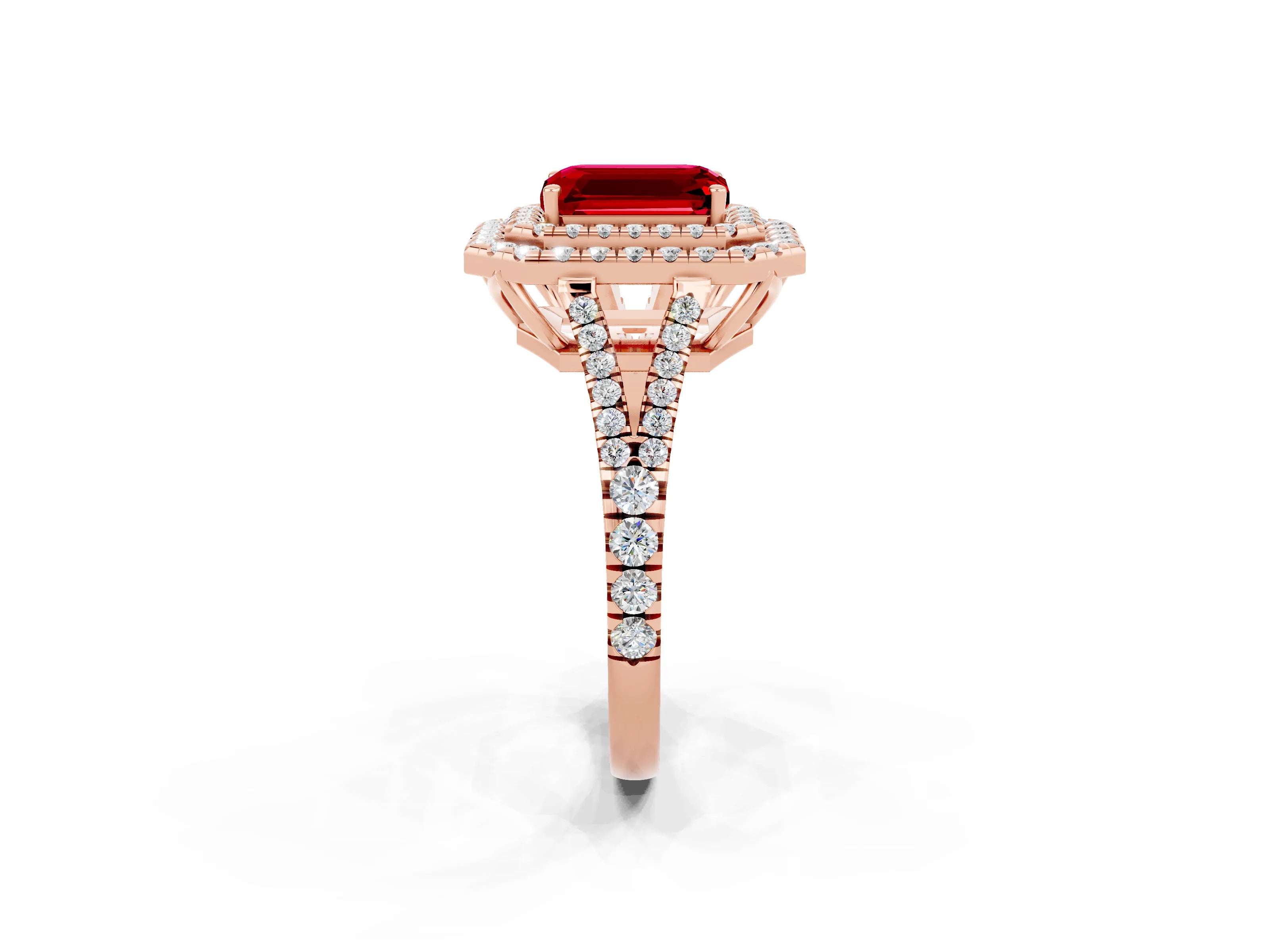 Rose gold Emerald Cut Ruby Double Halo Ring with Pavé Band and Prong Setting_14