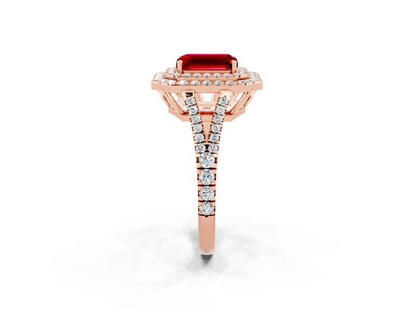 Rose gold Emerald Cut Ruby Double Halo Ring with Pavé Band and Prong Setting