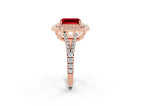 Rose gold Emerald Cut Ruby Double Halo Ring with Pavé Band and Prong Setting_14