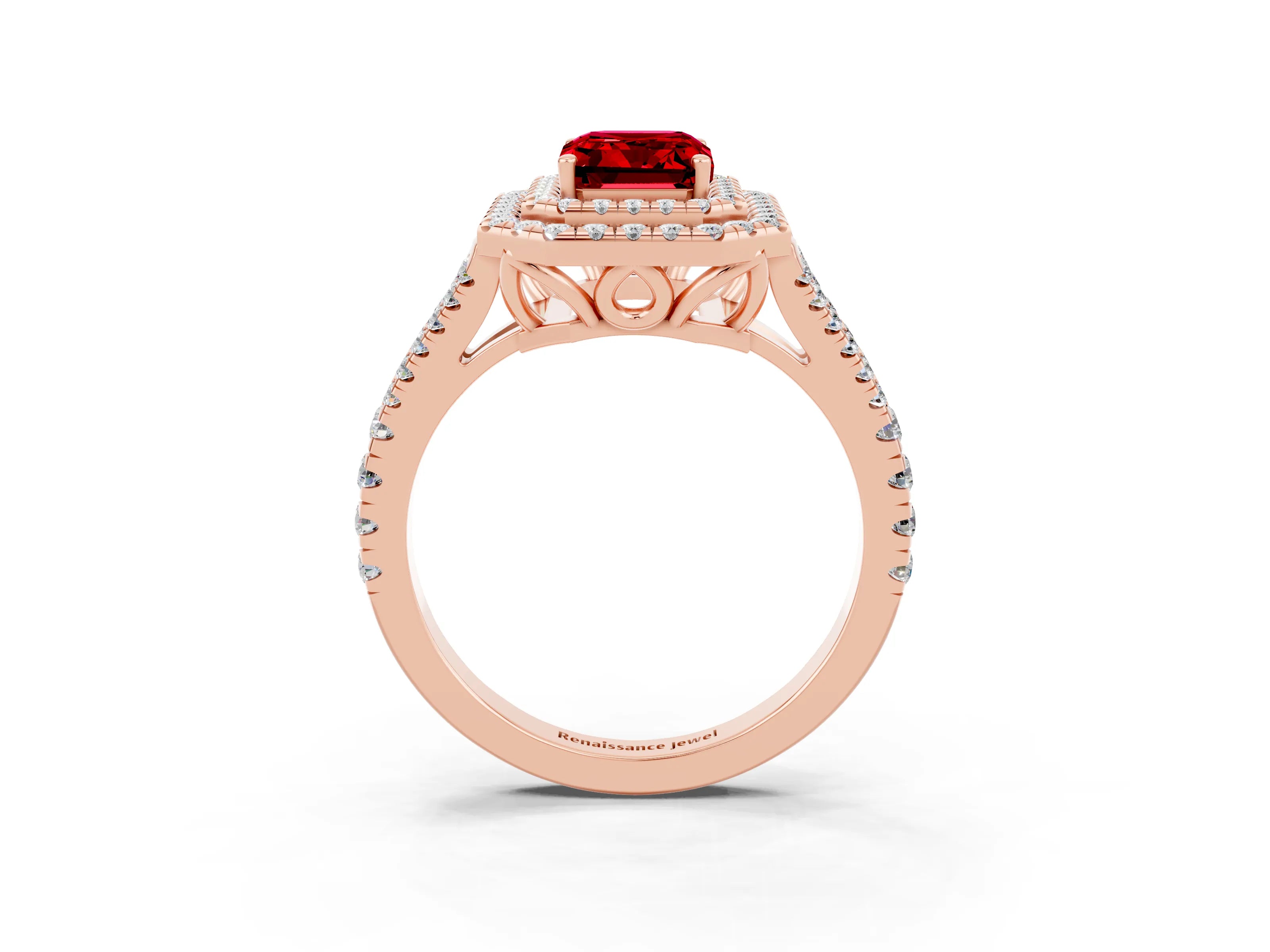 Rose gold Emerald Cut Ruby Double Halo Ring with Pavé Band and Prong Setting_15