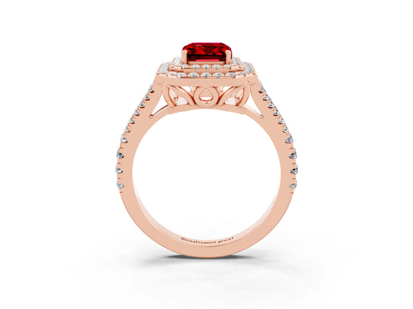 Rose gold Emerald Cut Ruby Double Halo Ring with Pavé Band and Prong Setting