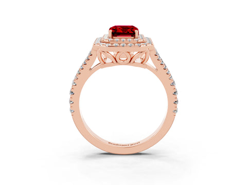 Rose gold Emerald Cut Ruby Double Halo Ring with Pavé Band and Prong Setting_15