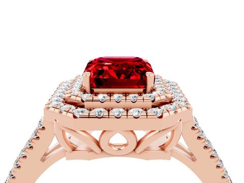 Rose gold Emerald Cut Ruby Double Halo Ring with Pavé Band and Prong Setting_16