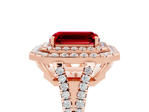 Rose gold Emerald Cut Ruby Double Halo Ring with Pavé Band and Prong Setting_17