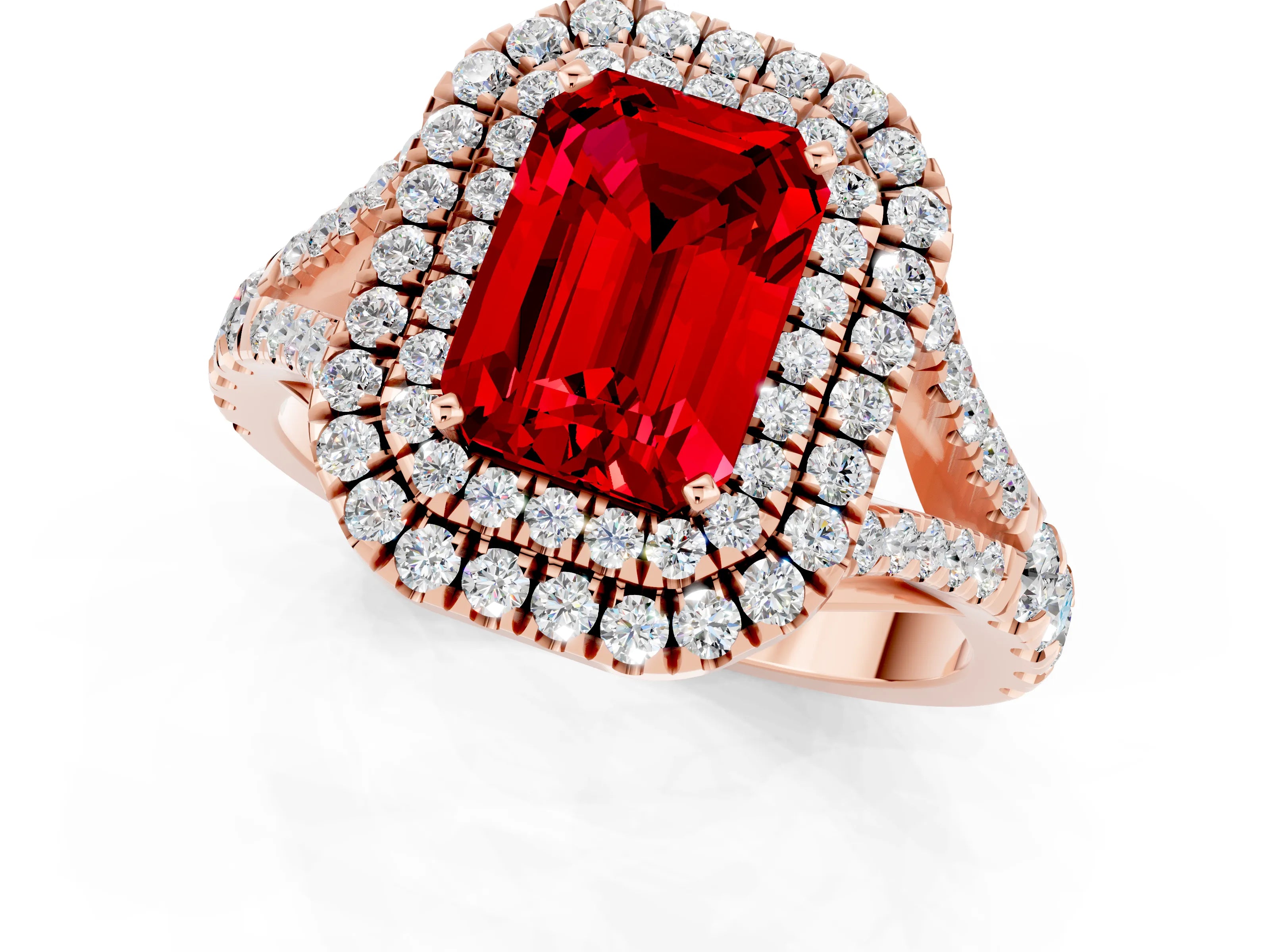 Rose gold Emerald Cut Ruby Double Halo Ring with Split Shank and Prong Setting_13