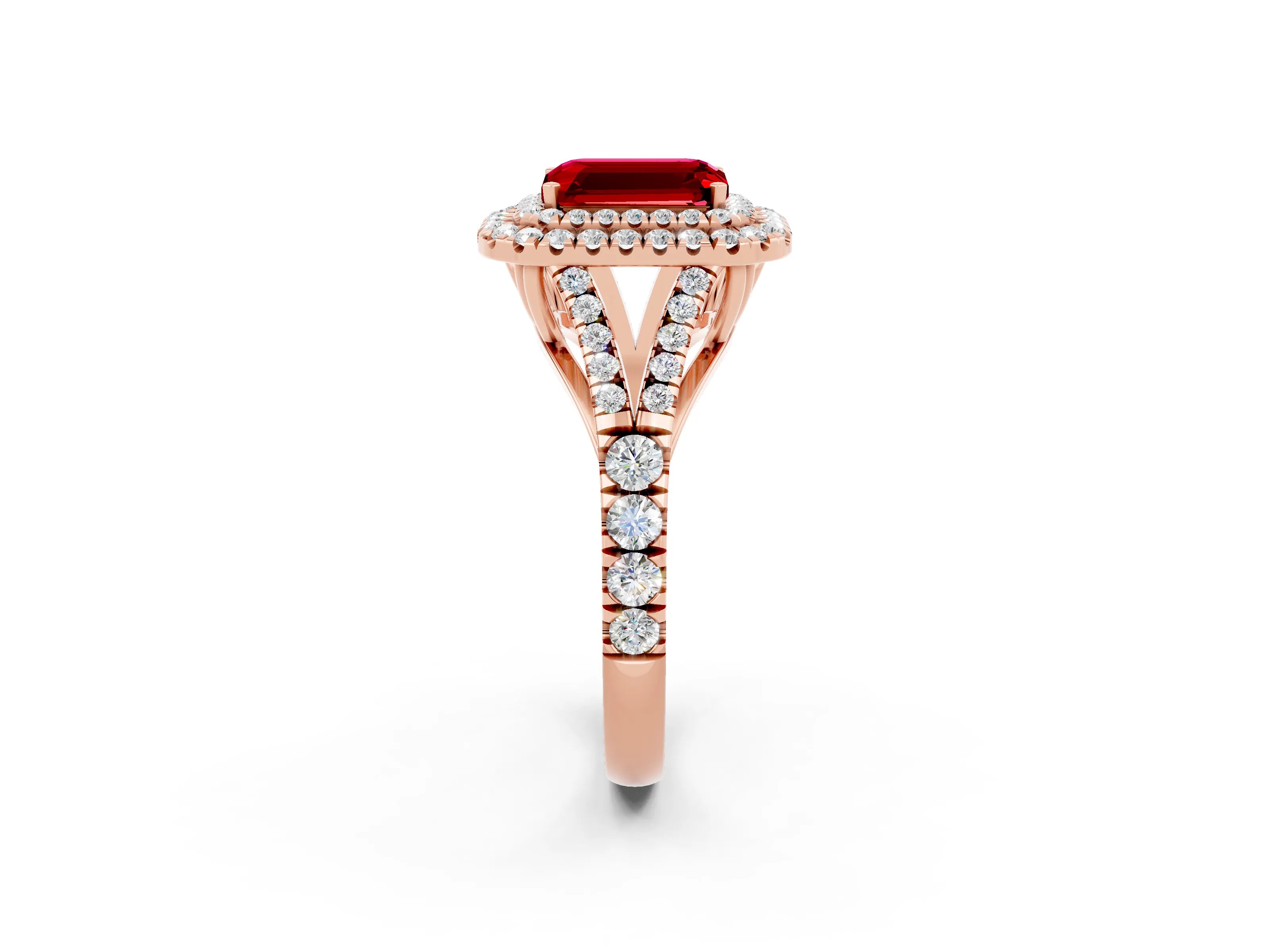 Rose gold Emerald Cut Ruby Double Halo Ring with Split Shank and Prong Setting_14