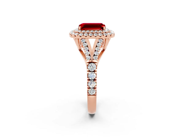 Rose gold Emerald Cut Ruby Double Halo Ring with Split Shank and Prong Setting
