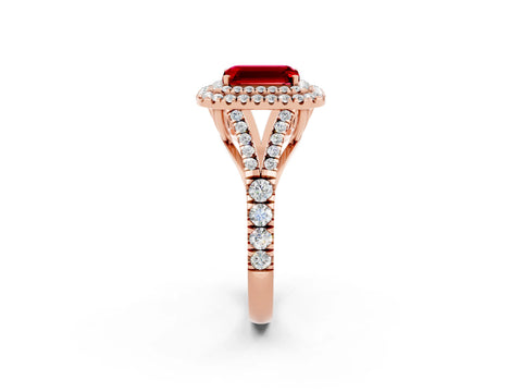 Rose gold Emerald Cut Ruby Double Halo Ring with Split Shank and Prong Setting_14