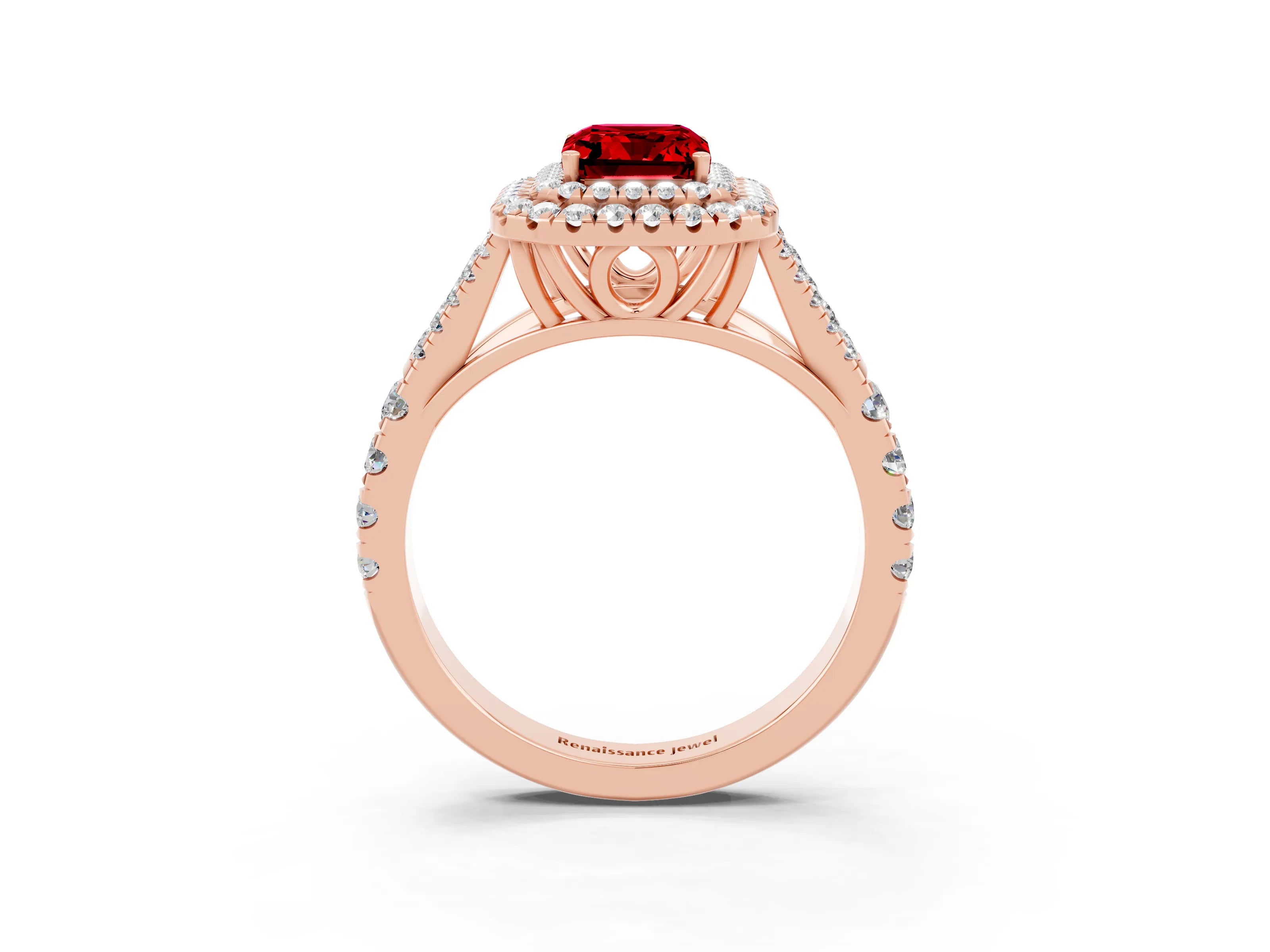 Rose gold Emerald Cut Ruby Double Halo Ring with Split Shank and Prong Setting_15