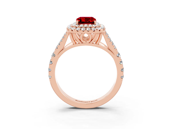 Rose gold Emerald Cut Ruby Double Halo Ring with Split Shank and Prong Setting