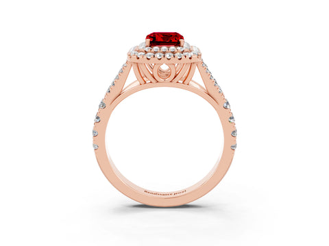 Rose gold Emerald Cut Ruby Double Halo Ring with Split Shank and Prong Setting_15