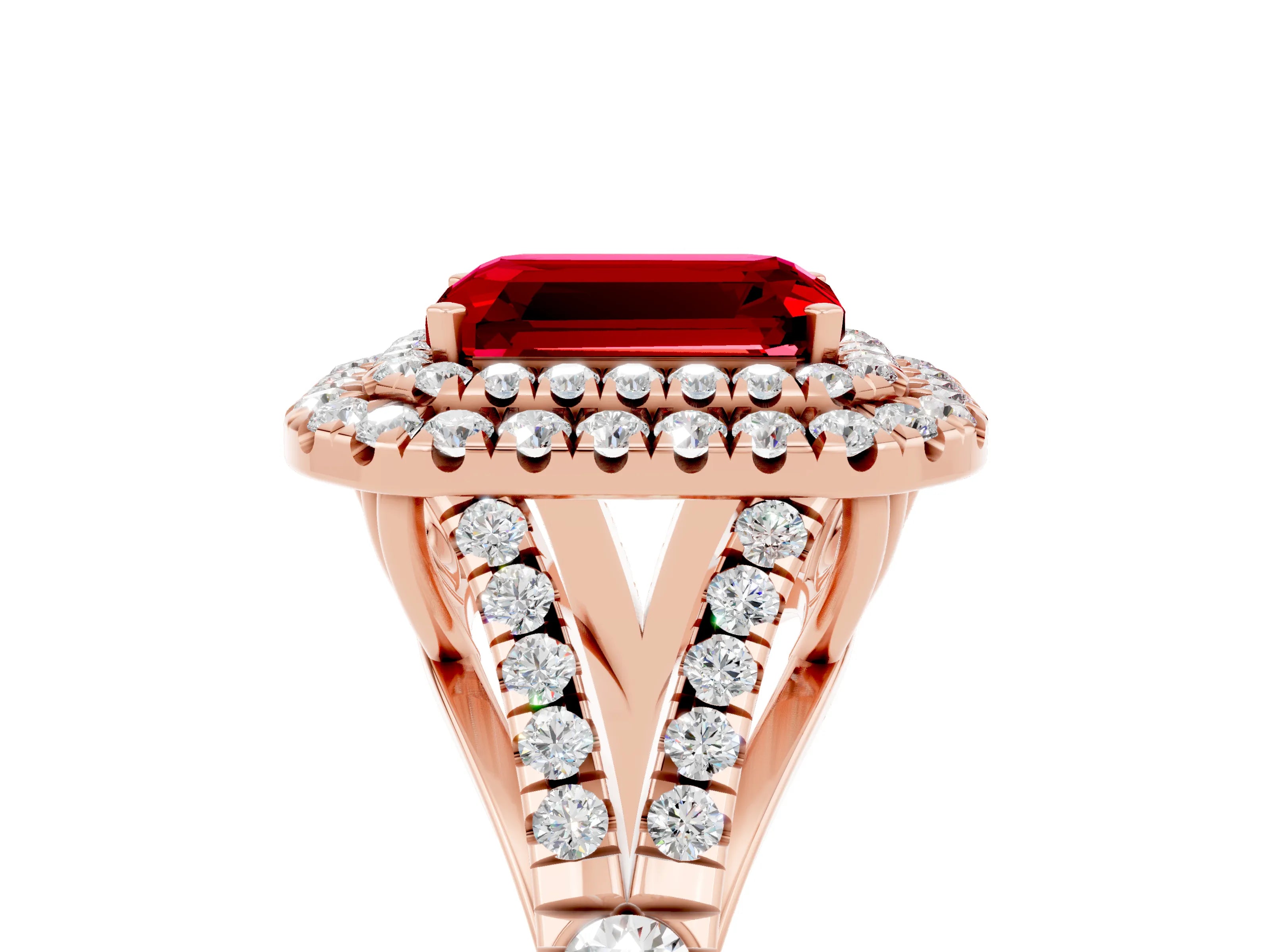 Rose gold Emerald Cut Ruby Double Halo Ring with Split Shank and Prong Setting_17