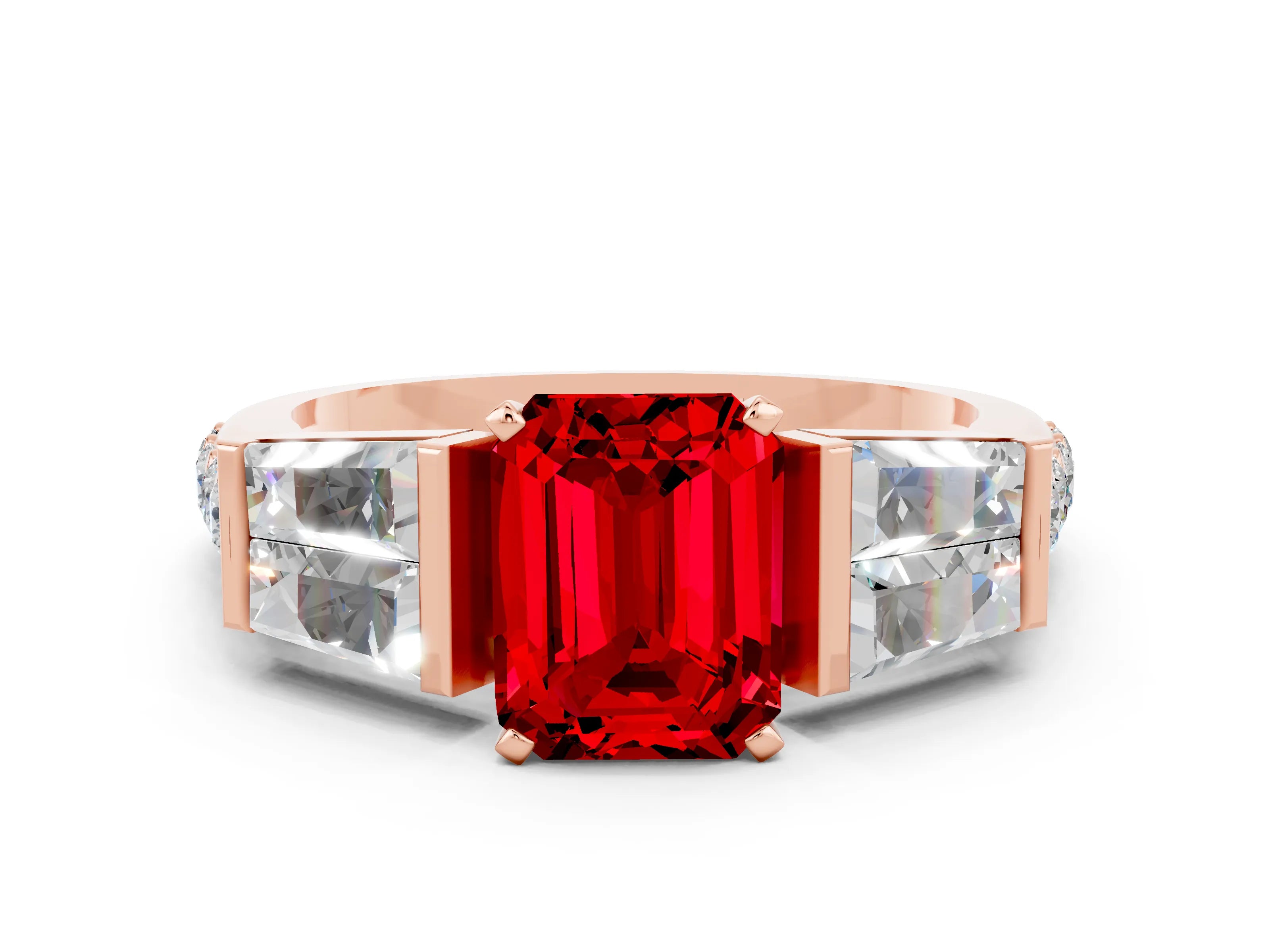 Rose gold Emerald Cut Ruby Engagement Ring with Baguette Side Stones and Channel Set Band