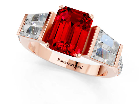 Rose gold Emerald Cut Ruby Engagement Ring with Baguette Side Stones and Channel Set Band_1