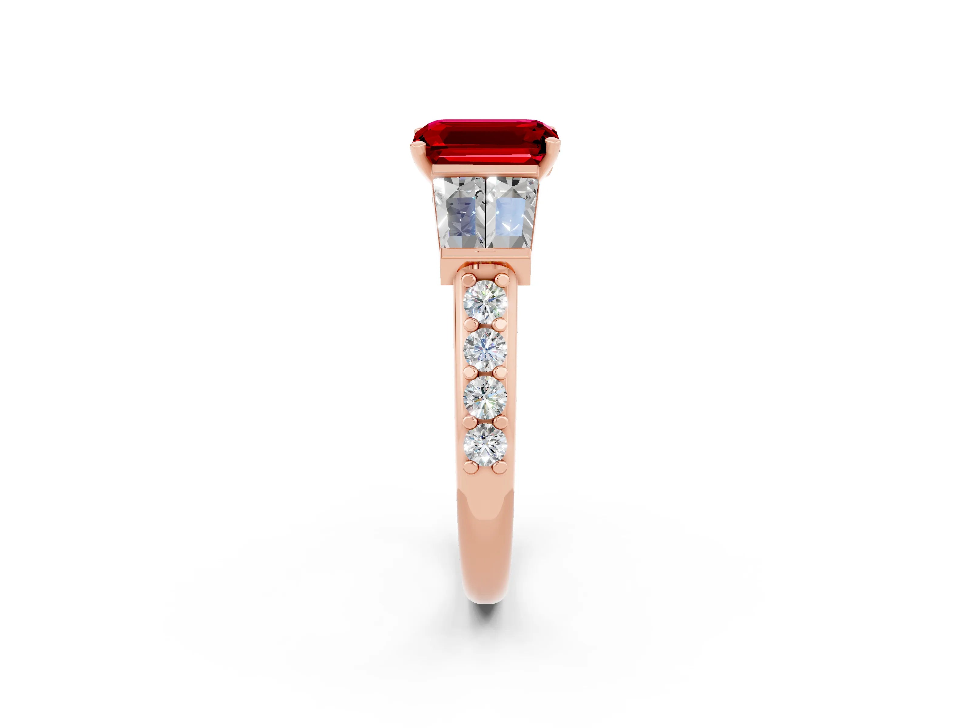 Rose gold Emerald Cut Ruby Engagement Ring with Baguette Side Stones and Channel Set Band_2