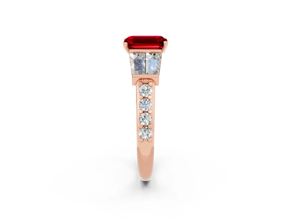 Rose gold Emerald Cut Ruby Engagement Ring with Baguette Side Stones and Channel Set Band