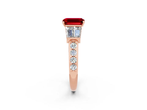 Rose gold Emerald Cut Ruby Engagement Ring with Baguette Side Stones and Channel Set Band_2