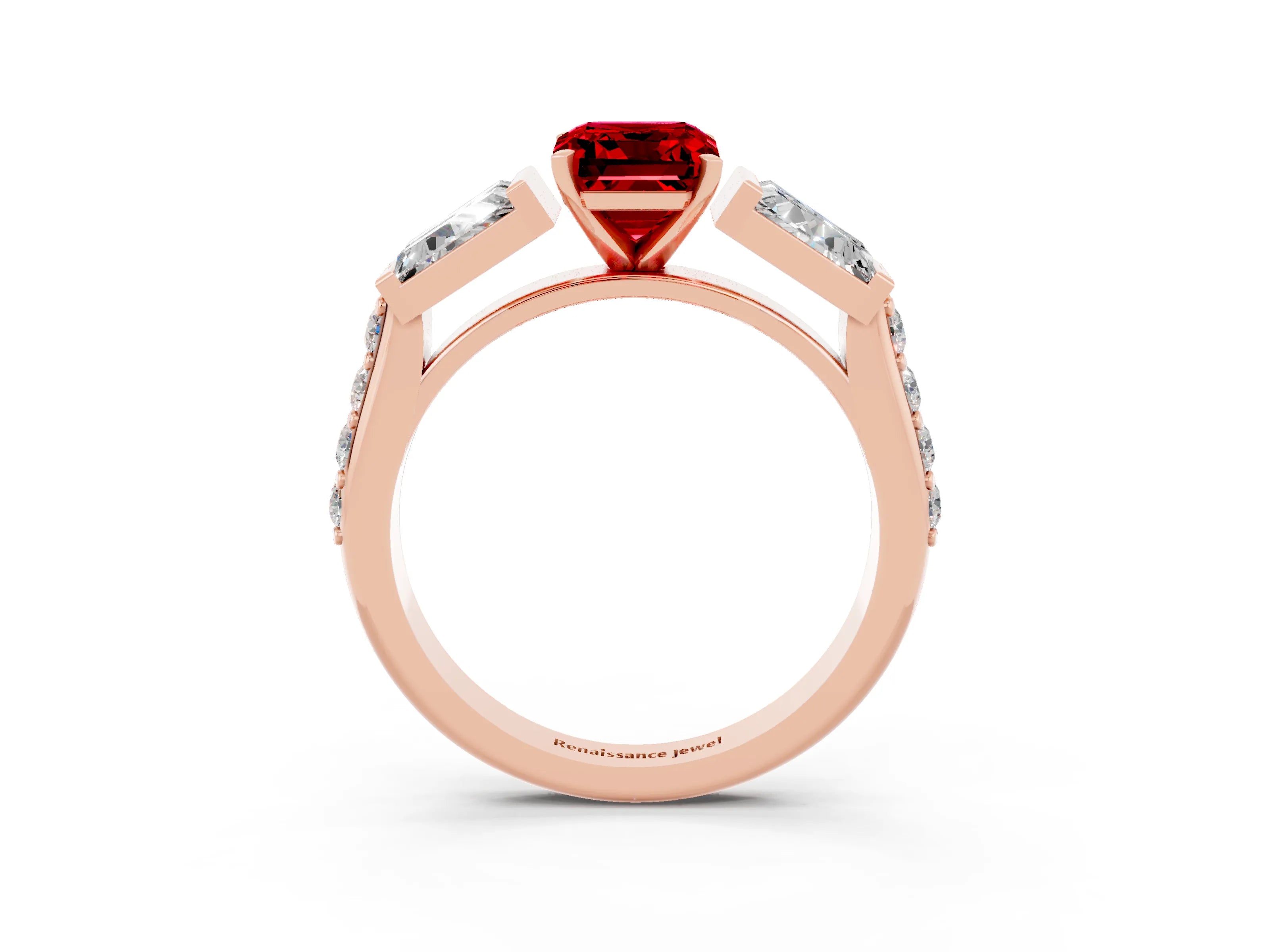 Rose gold Emerald Cut Ruby Engagement Ring with Baguette Side Stones and Channel Set Band_3
