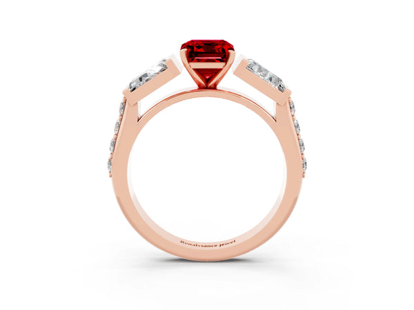 Rose gold Emerald Cut Ruby Engagement Ring with Baguette Side Stones and Channel Set Band