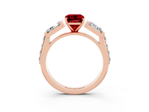 Rose gold Emerald Cut Ruby Engagement Ring with Baguette Side Stones and Channel Set Band_3