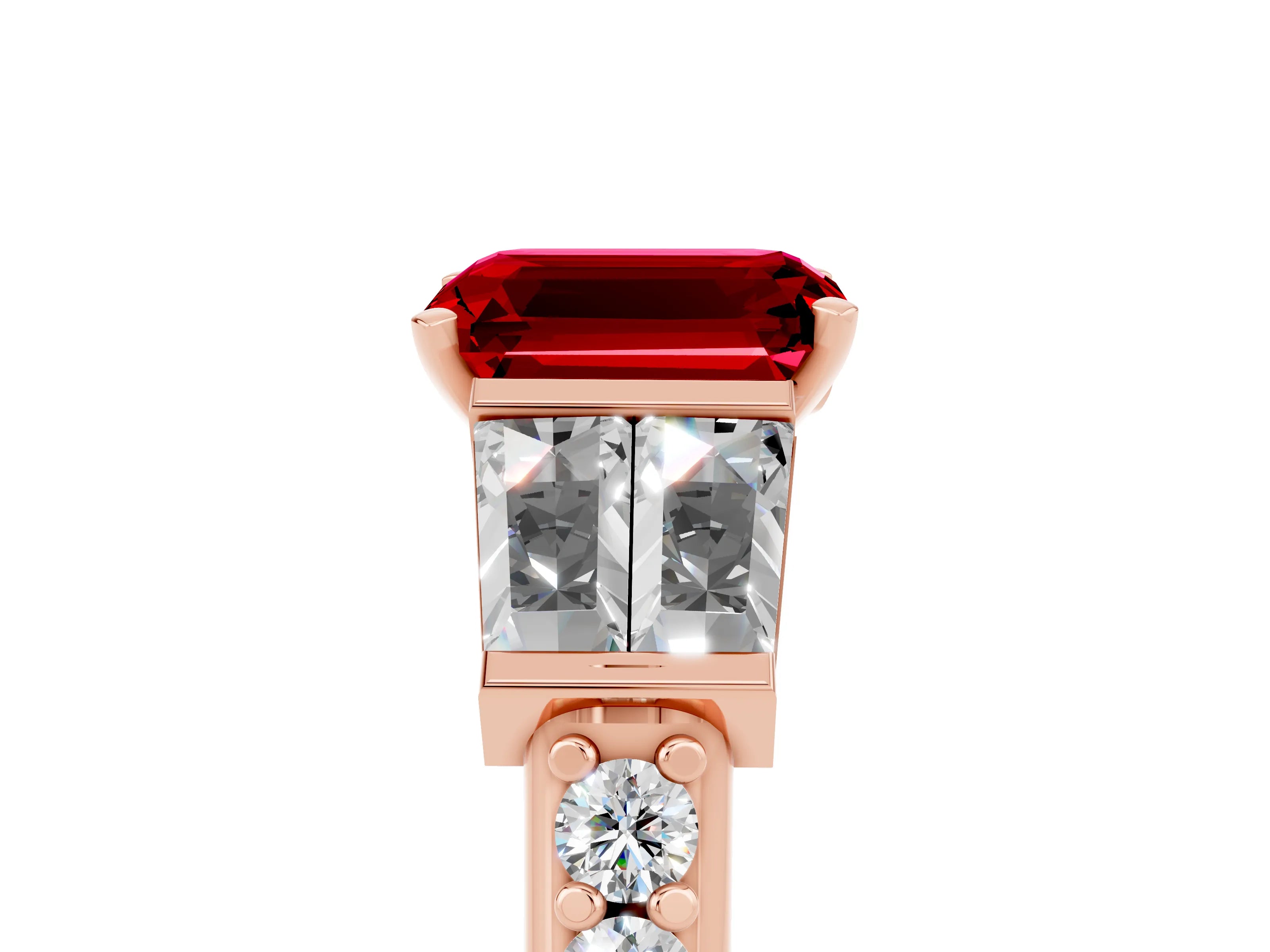 Rose gold Emerald Cut Ruby Engagement Ring with Baguette Side Stones and Channel Set Band_5