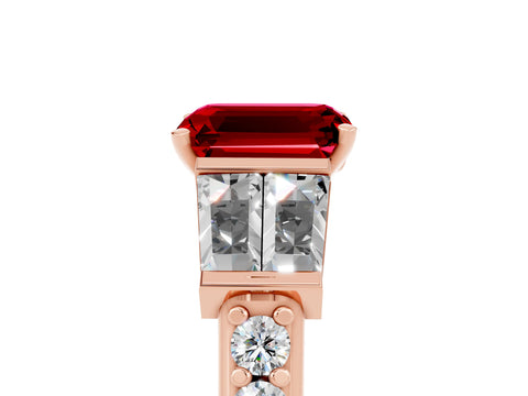 Rose gold Emerald Cut Ruby Engagement Ring with Baguette Side Stones and Channel Set Band_5