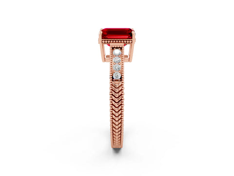 Rose gold Emerald Cut Ruby Engagement Ring with Milgrain Channel Set Band and Prong Setting_2