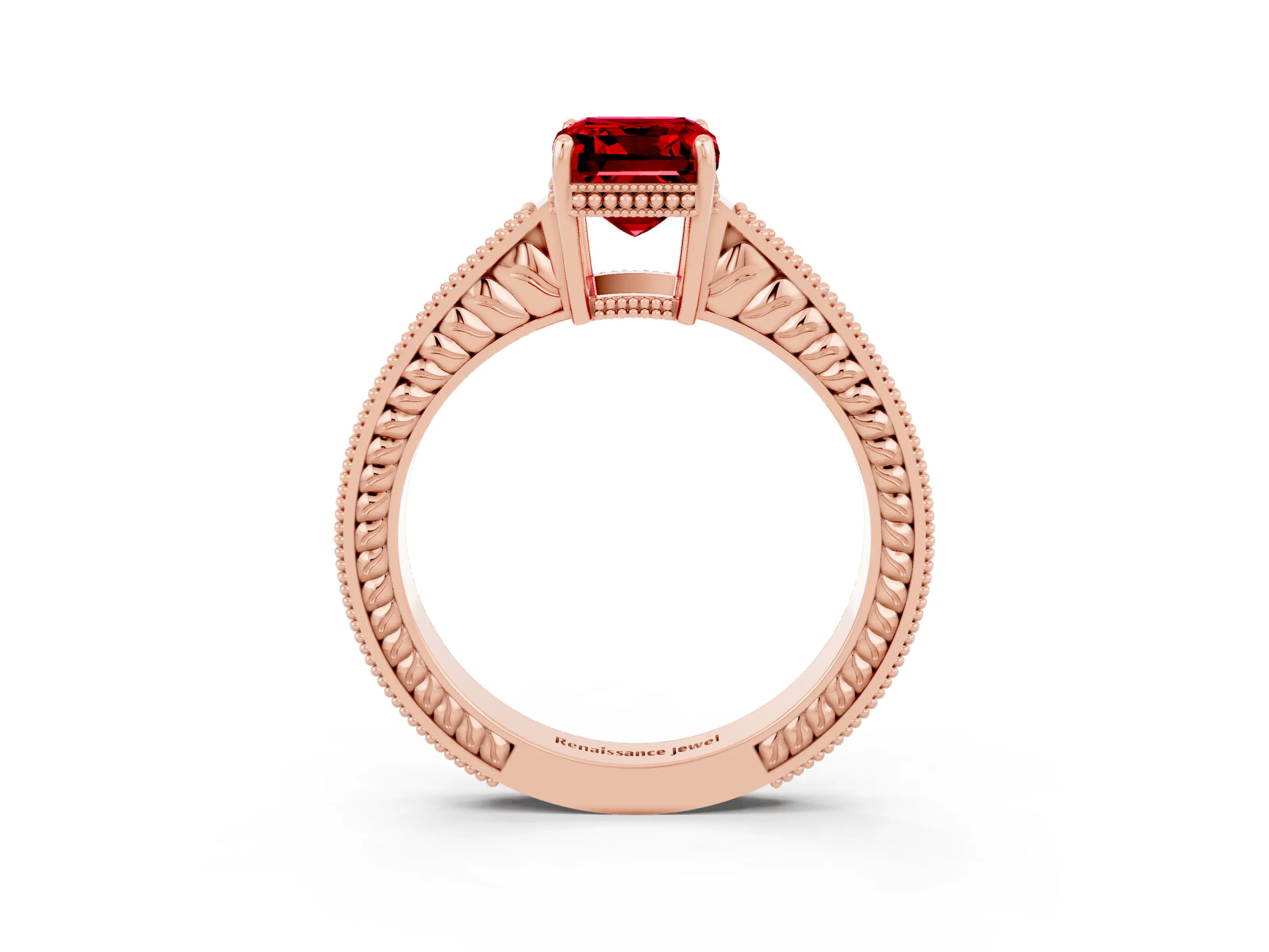 Rose gold Emerald Cut Ruby Engagement Ring with Milgrain Channel Set Band and Prong Setting_3