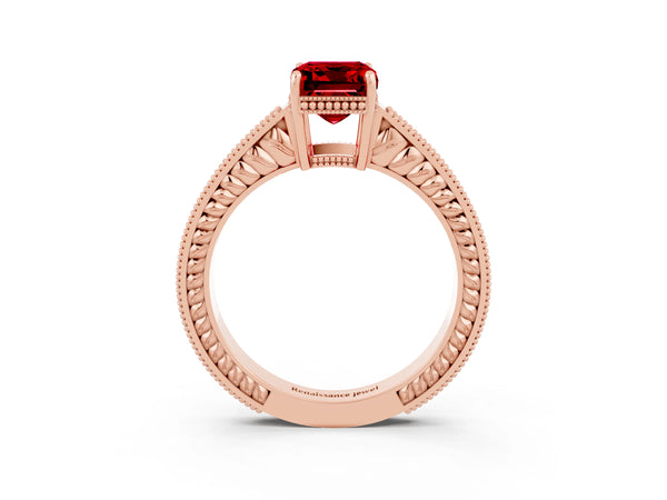 Rose gold Emerald Cut Ruby Engagement Ring with Milgrain Channel Set Band and Prong Setting