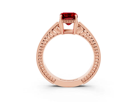 Rose gold Emerald Cut Ruby Engagement Ring with Milgrain Channel Set Band and Prong Setting_3