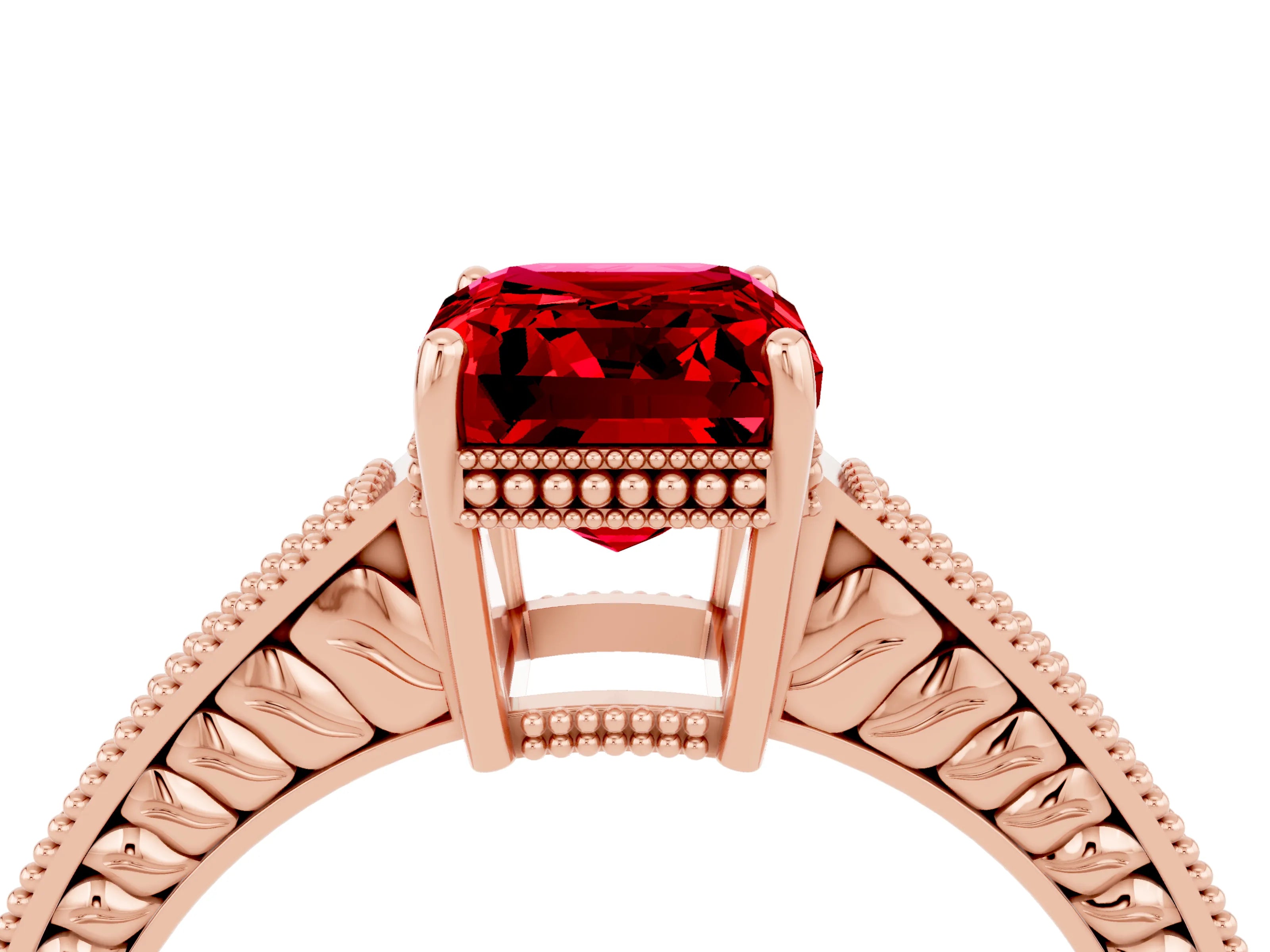 Rose gold Emerald Cut Ruby Engagement Ring with Milgrain Channel Set Band and Prong Setting_4