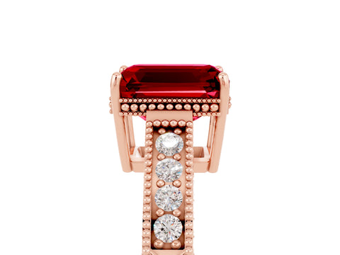 Rose gold Emerald Cut Ruby Engagement Ring with Milgrain Channel Set Band and Prong Setting_5