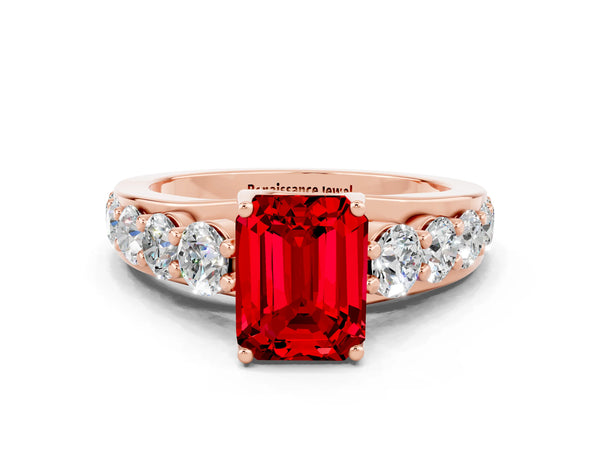 Rose gold Emerald Cut Ruby Engagement Ring with Pavé Band and Four-Prong Setting