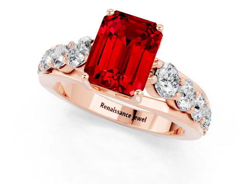 Rose gold Emerald Cut Ruby Engagement Ring with Pavé Band and Four-Prong Setting_1