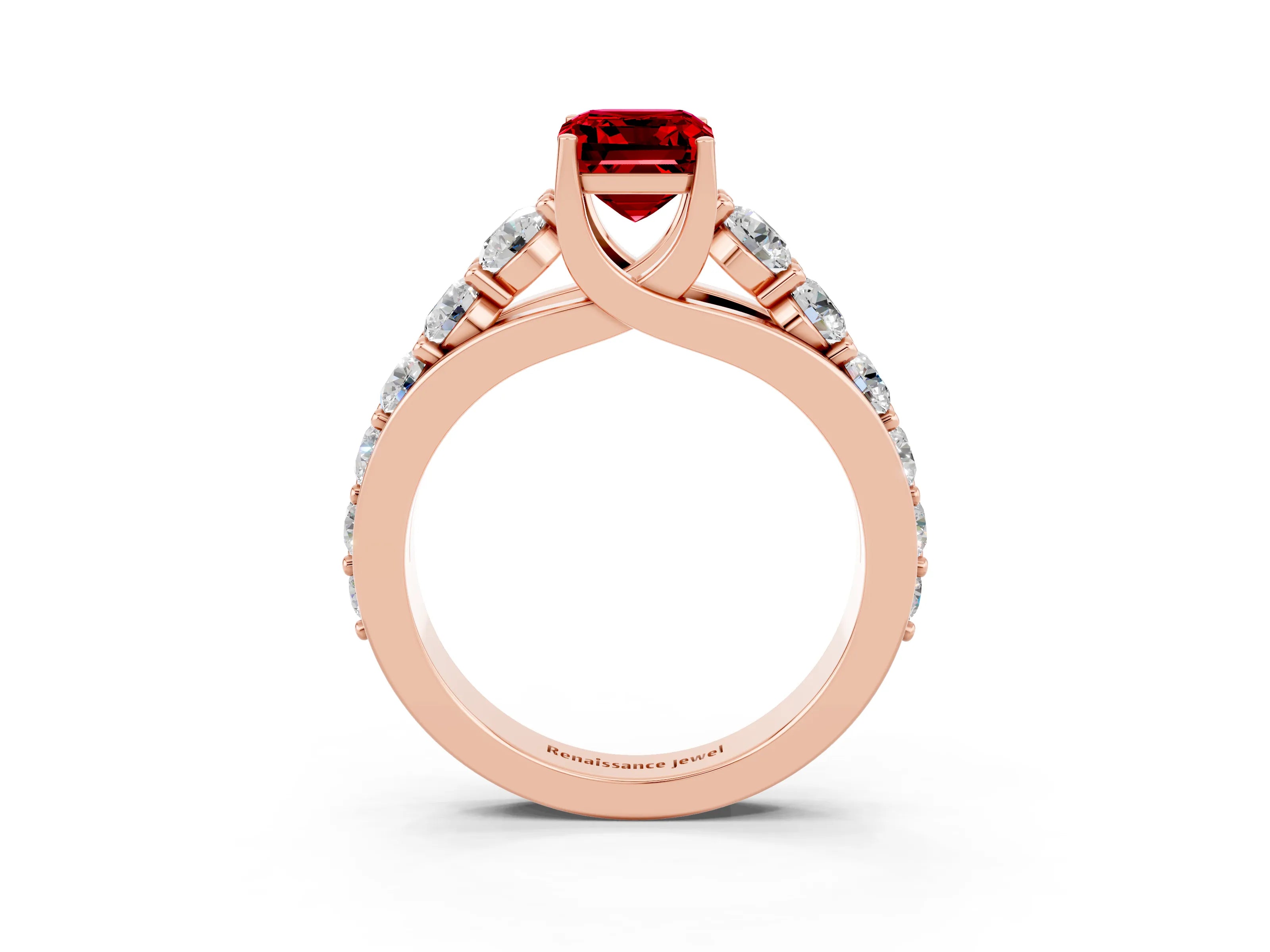 Rose gold Emerald Cut Ruby Engagement Ring with Pavé Band and Four-Prong Setting_3