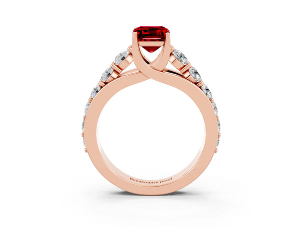 Rose gold Emerald Cut Ruby Engagement Ring with Pavé Band and Four-Prong Setting