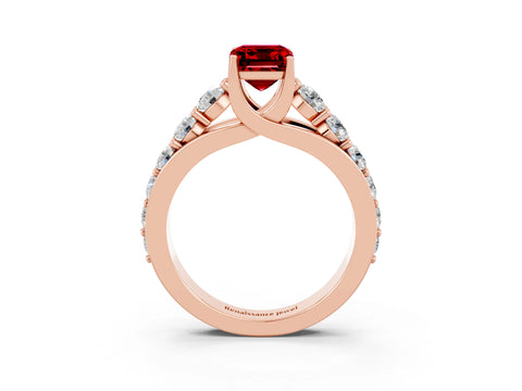 Rose gold Emerald Cut Ruby Engagement Ring with Pavé Band and Four-Prong Setting_3