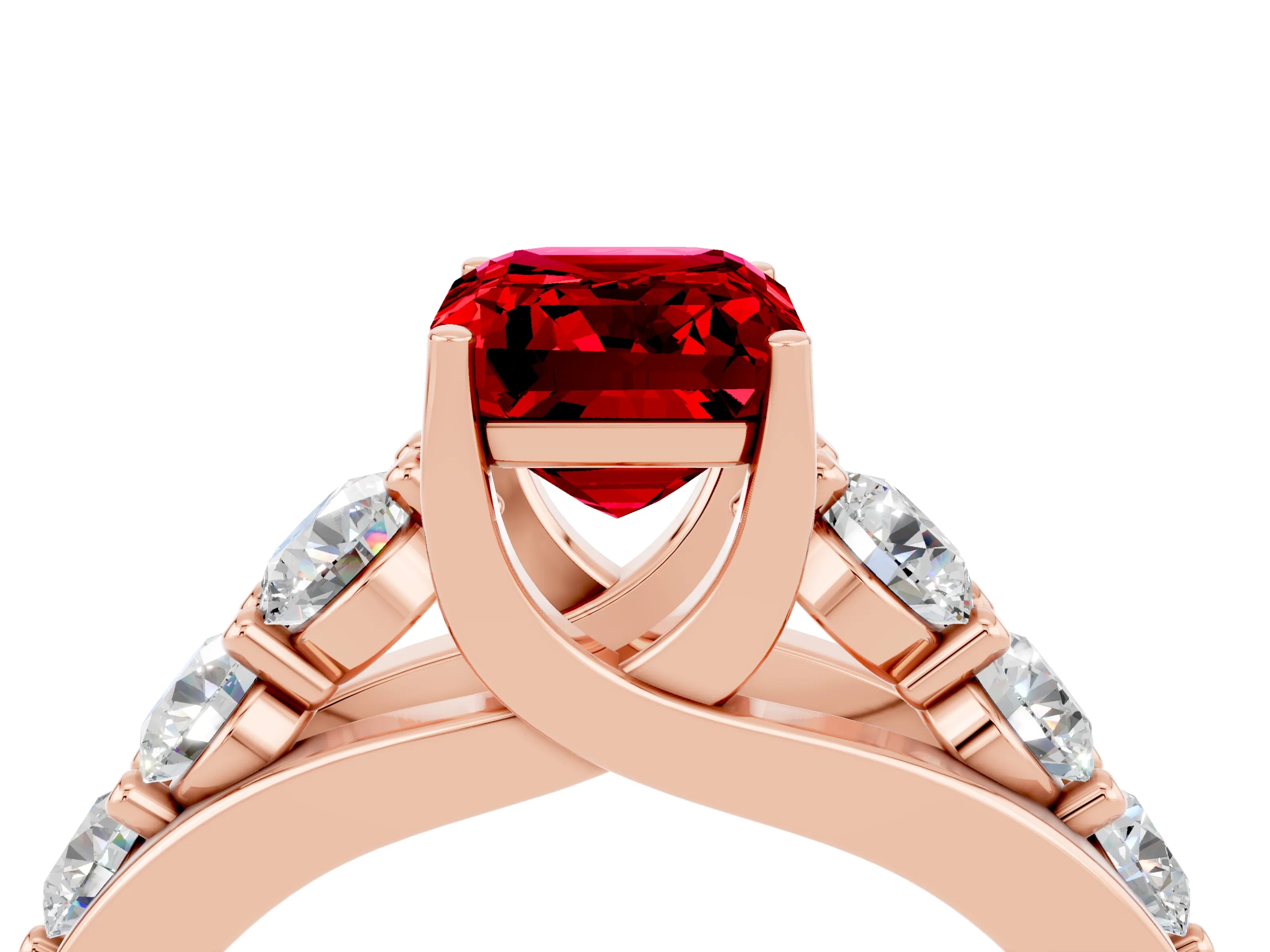 Rose gold Emerald Cut Ruby Engagement Ring with Pavé Band and Four-Prong Setting_4