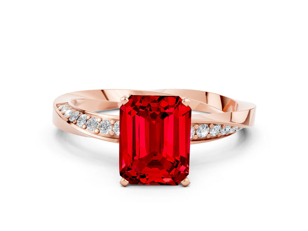 Rose gold Emerald Cut Ruby Engagement Ring with Side Stone Accents and Four-Prong Setting