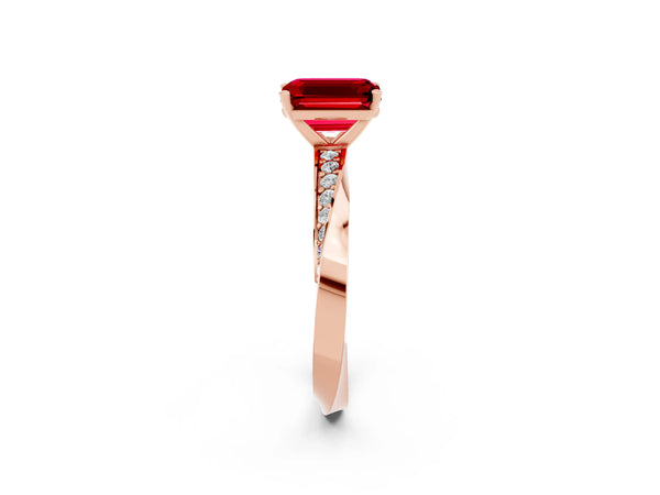 Rose gold Emerald Cut Ruby Engagement Ring with Side Stone Accents and Four-Prong Setting