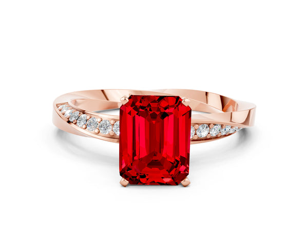 Rose gold Emerald Cut Ruby Engagement Ring with Side Stone Accents and Four-Prong Setting