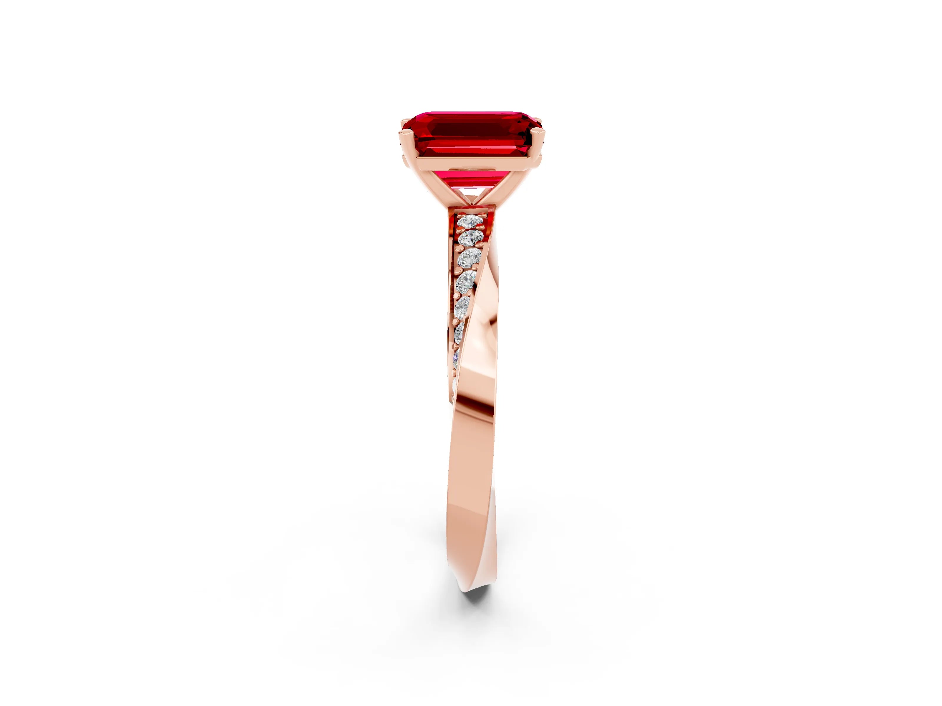 Rose gold Emerald Cut Ruby Engagement Ring with Side Stone Accents and Four-Prong Setting_29
