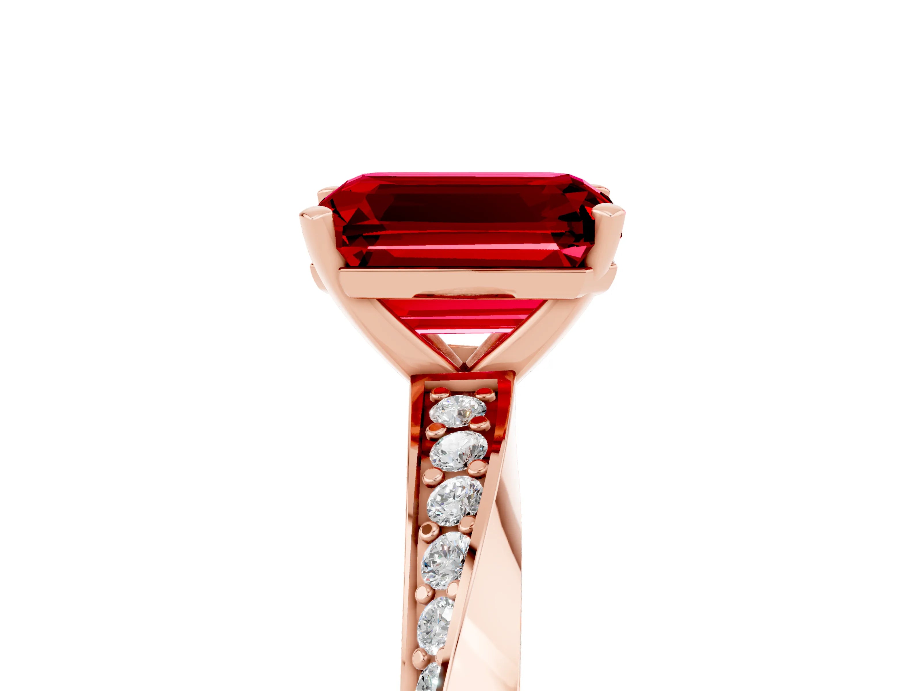 Rose gold Emerald Cut Ruby Engagement Ring with Side Stone Accents and Four-Prong Setting_32