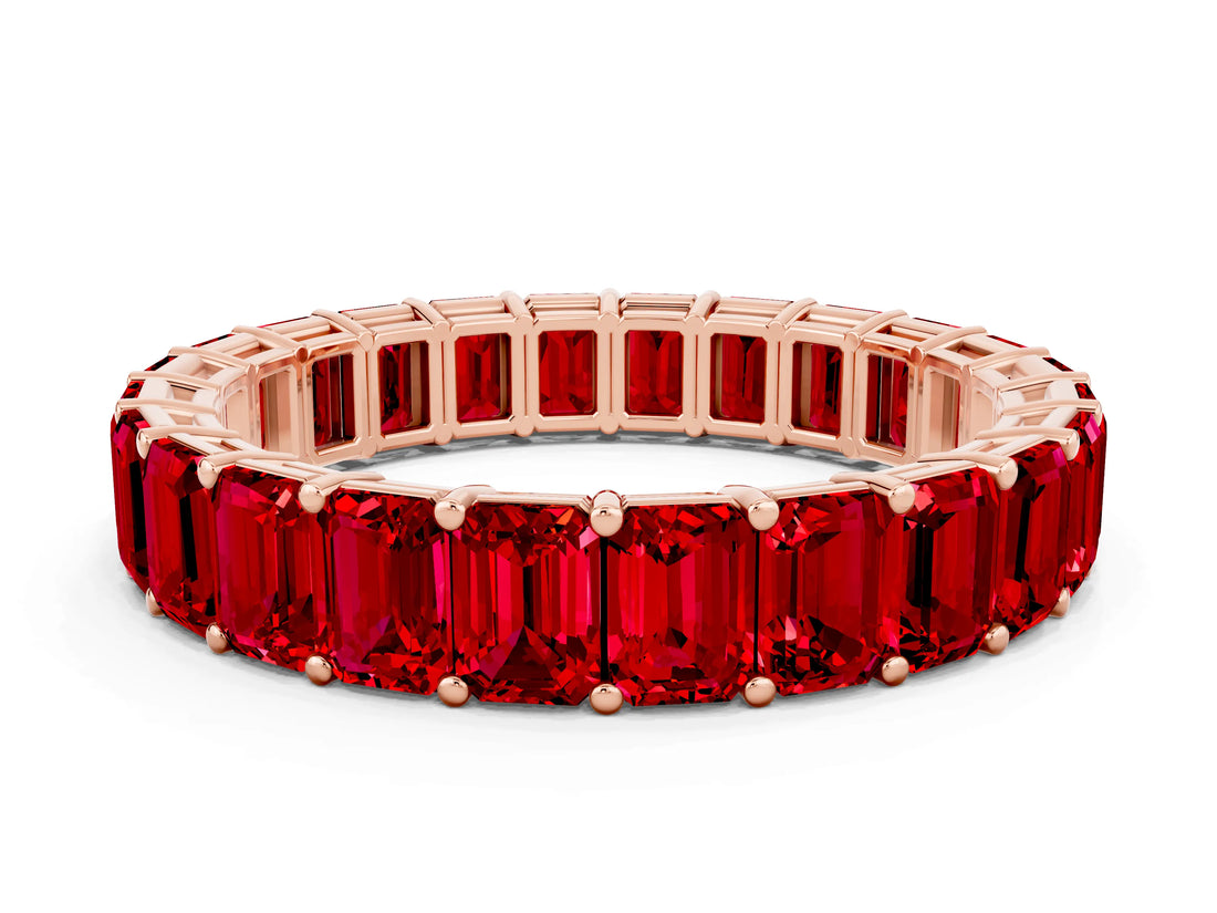 Rose gold Emerald Cut Ruby Eternity Band with Shared Prong Setting_6