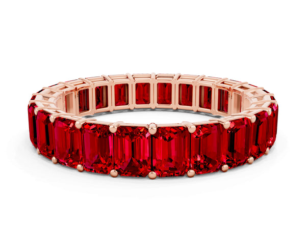 Rose Gold Emerald Cut Lab-Grown Ruby North-South Eternity Wedding Band with Shared Prongs